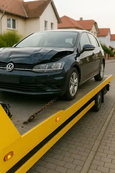 Ein defektes Auto wird in Wiesbaden zum Autoankauf abgeschleppt.